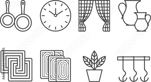 Minimalist Iconography Set Featuring Kitchenware, Clock, Curtains, Pot, and Hangers