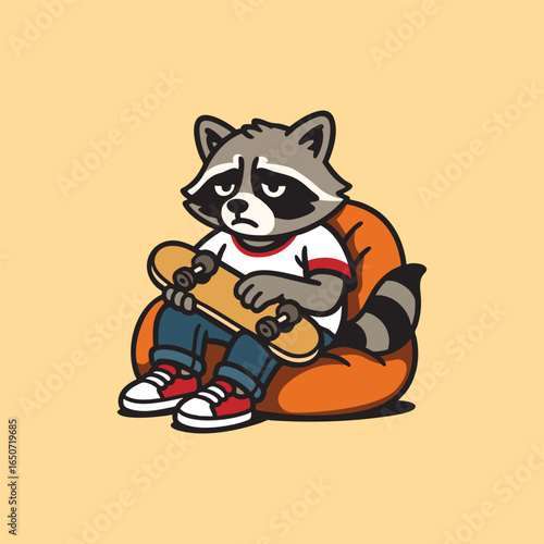 Raccoon chilling on beanbag with retro style illustration