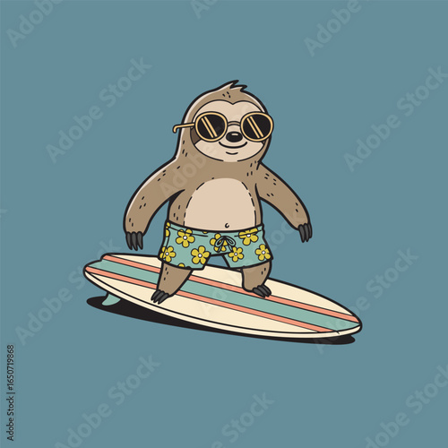 Sloth surfing on waves with retro style illustration