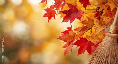 Autumn Leaves and Broom. A Picture of Fall Cleaning and Seasonal Beauty.