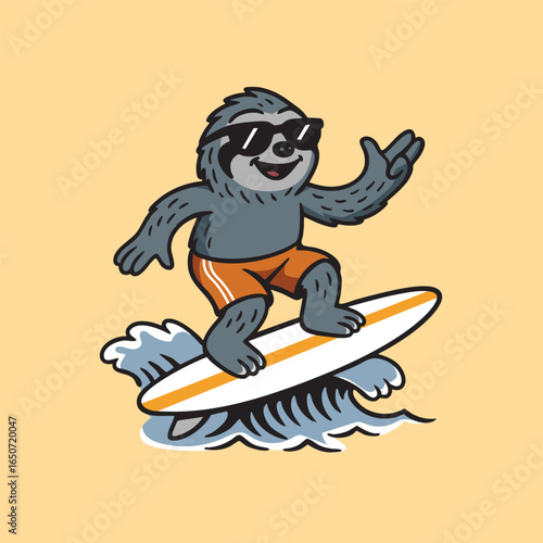 Sloth surfing on waves with retro style illustration