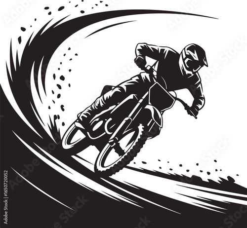 Dynamic motocross rider speeding through dirt track curve