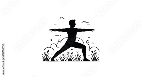 Minimalist black and white line art vector of a man practicing the warrior two yoga pose. An isolated icon for wellness, fitness, and mindfulness concepts