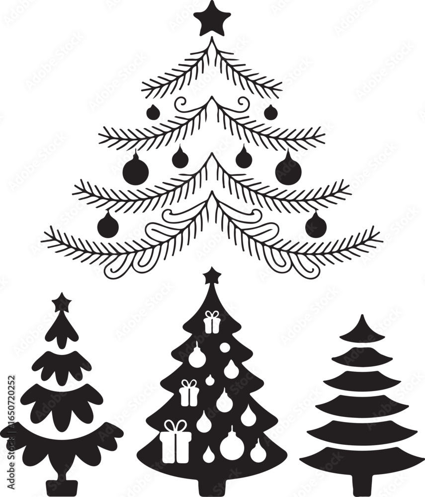 Obraz premium Festive Christmas trees with ornaments and gifts, holiday cheer