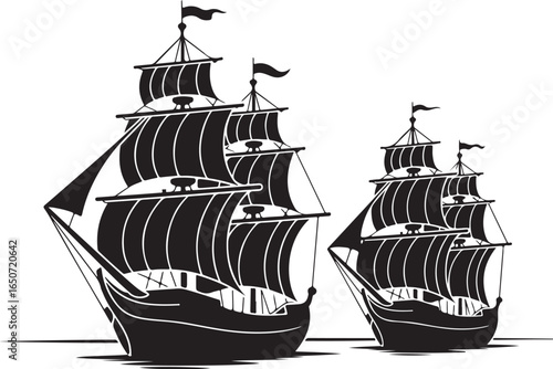 Majestic Tall Ships Sailing Together on the Open Sea