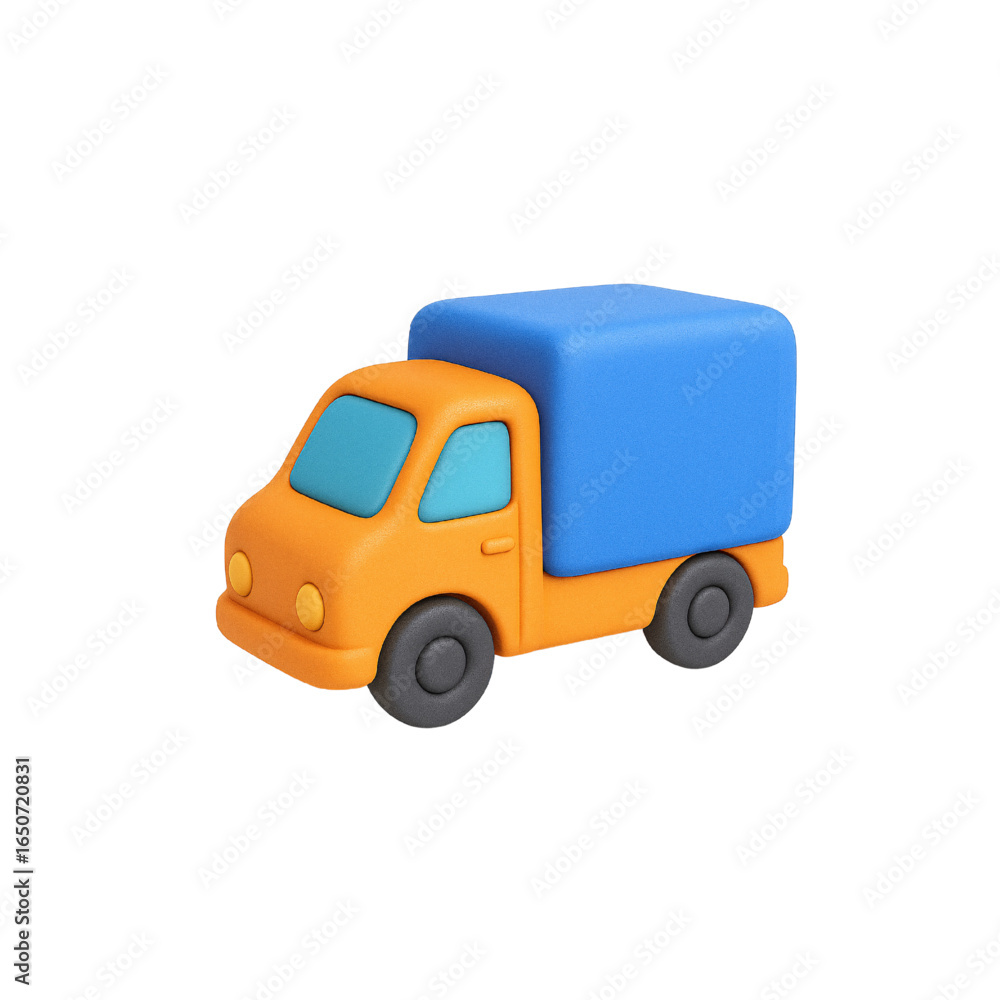 Fototapeta premium Small orange and blue toy truck with a blue top is sitting on a white background