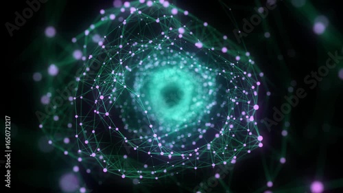 Futuristic sci-fi circle portal in space. 3D colors ai tunnel with dots and lines. Abstract digital wormhole data. Flow particle by funnel. Fantasy circle vortex on dark background. 3D rendering.