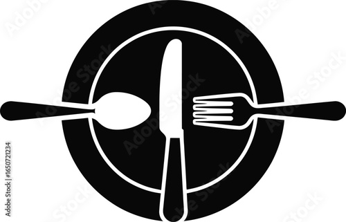 Plate Silhouette with Fork, Knife, and Spoon on Transparent Background