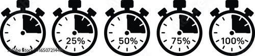 Progress Icons Black Stopwatches Showing Percentages on Transparent Background