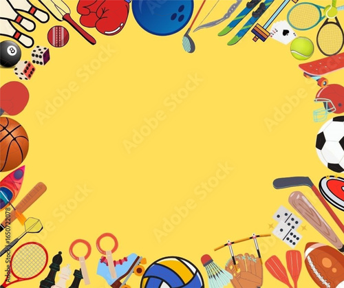 Sports colourful Themed banner with square frame made of sports equipment. Healthy lifestyle elements. Template for postcard, poster, flyer, social media. Vector flat illustration on yellow background