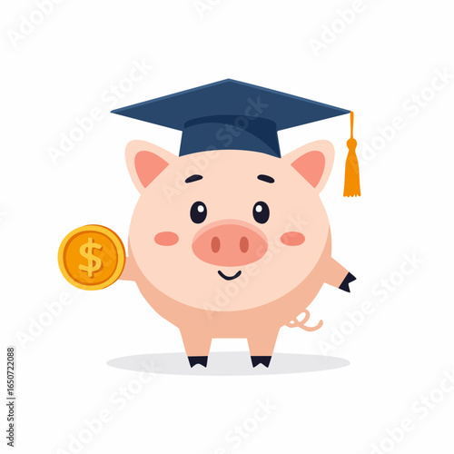Cute piggy bank in a graduation cap holding a dollar coin. A concept for saving money for college, student loans, and investing in education.