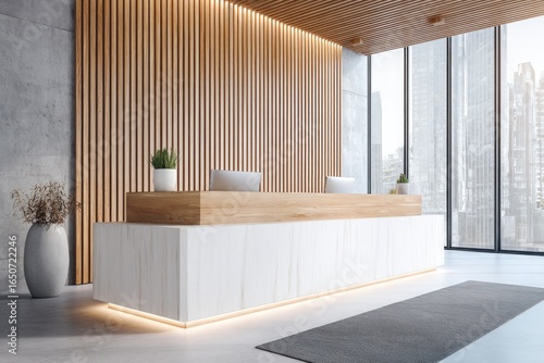 Modern reception desk in a light, airy space.  Wooden wall panels, white counter, city view