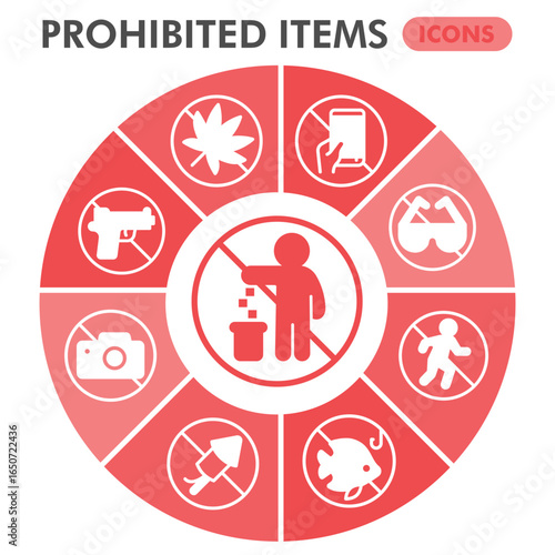 Prohibited items infographic design template. Forbidden action visualization with 8 steps circle diagram design on white background. Banned things infographics for presentation. Vector illustration.
