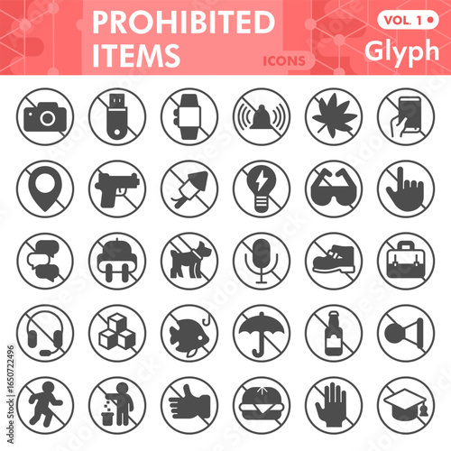 Prohibited items glyph icon set, forbidden activity symbols collection or sketches. Restrictions, banned actions glyph style signs for web and app. Vector graphics isolated on white background.