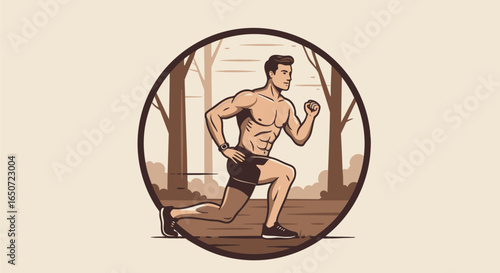 Fitness concept with a man performing a lunging exercise outdoors surrounded by trees