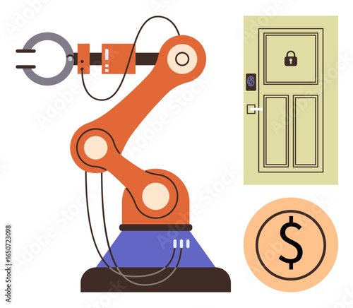 Robotic arm in action, secure locked door with access control, currency symbol. Ideal for technology, innovation, security systems, automation, smart home, finance startups simple flat metaphor