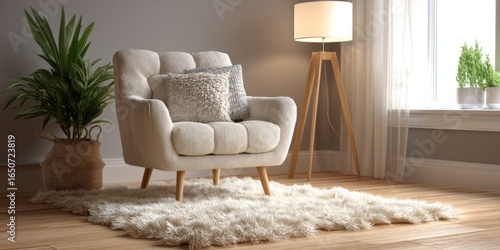 A warmly lit interior scene showcases a comfortable armchair positioned in a corner of a room. The armchair, upholstered in a light beige fabric, features a tufted back and wooden legs. 