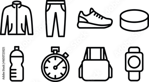 Sportswear Outlines Jacket, Pants, Running Shoe, Puck, Bottle, Stopwatch, Bag, Watch