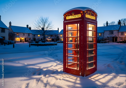 Red telephone booth in winter wonderland scene: explore snowy village with classic uk phone box