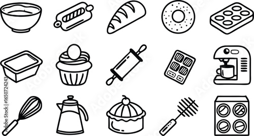 Whimsical baking icons collection, perfect for cafe menus, recipe cards, and food blogs.