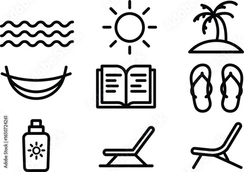 Summer Holiday Icons Sea, Sun, Palm Tree, Hammock, Book, Sunscreen, Chairs, Slippers