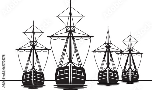 Four majestic tall ships sailing on calm sea waters