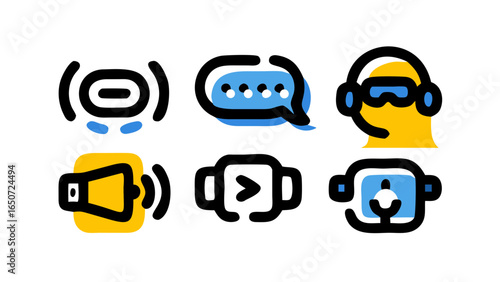 A vibrant collection of modern digital communication, audio, and wearable technology icons symbolizing interactive media and user experience.