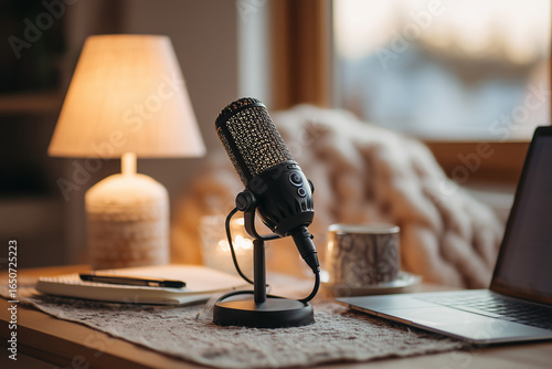 Podcast microphone setup on a desk with soft lighting