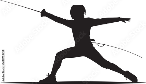 Fencer silhouette lunging with sword, dynamic action pose