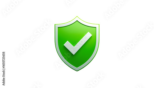 Stylized Bright Green Shield with Central White Check Mark Symbol – Transparent Background