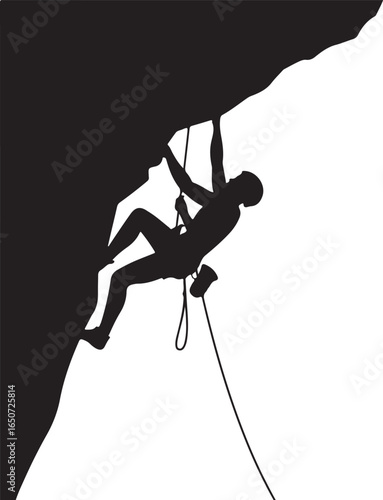 Silhouette climber ascends steep rock face with rope for adventure