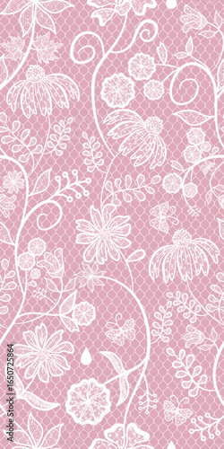Elegant pink lace with white floral embroidery over net design, perfect for wedding textiles, curtains, and decorative projects.
