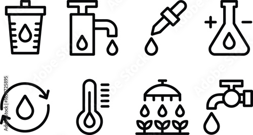 Water Drop Line Icons, Science Measuring Cup, Tap Faucet, Thermometer and Plant Symbol