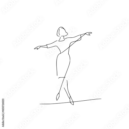 A minimalist line drawing of a woman balancing with outstretched arms on a tightrope line art design
