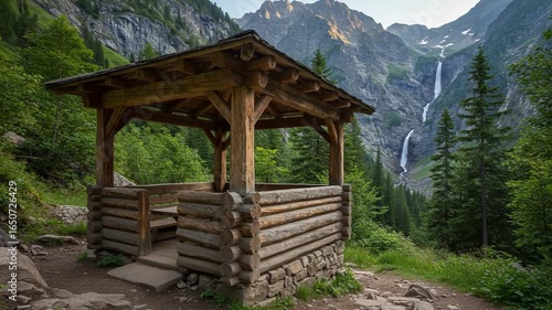 Scenic wooden gazebo near waterfall in lush forest
