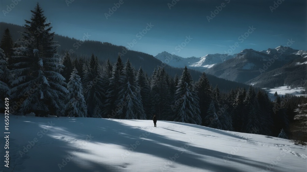 Fototapeta premium Solitary figure walking through a snow-covered landscape with evergreen trees and distant mountains under a clear sky.