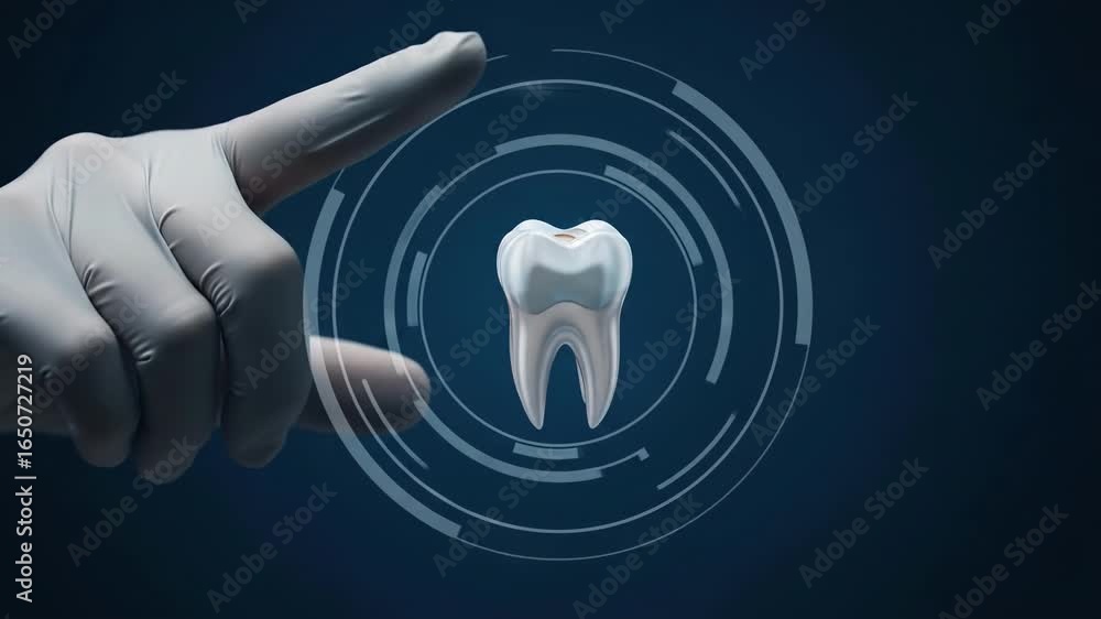 A gloved hand interacts with a glowing digital tooth The technology represents dental health a modern approach or potential treatment option Clean bright futuristic