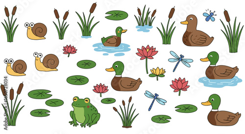 Vector Set of Doodle Pond and Swamp Inhabitants Isolated on White Background