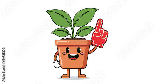 A cheerful plant in a pot with a red foam finger showing the number one