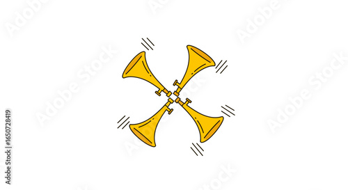 Abstract illustration of four golden trumpets arranged in a circular pattern with sound waves emanating