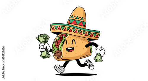 A cartoon taco wearing a sombrero happily runs with a lot of cash in its hands and pockets