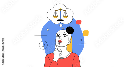 A person thoughtfully considering justice fairness and ethical decision making while contemplating the scales of justice