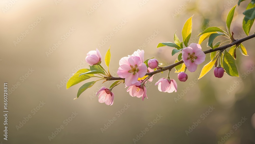 Fototapeta premium Gentle Pink Blossoms on a Branch Bathed in Soft Sunlight, Springs Delicate Touch.
