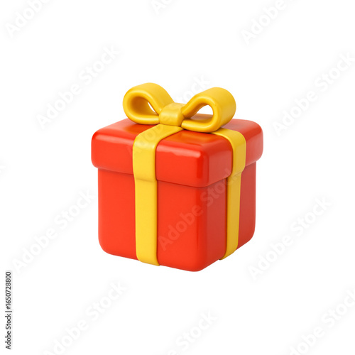 Red box with a yellow bow on top of it. The box is a gift and is placed on a white background