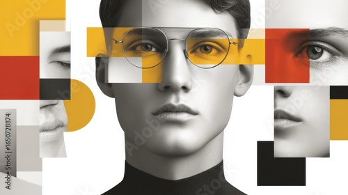 Professional portrait of a diverse business team a man and a woman with glasses smiling together to represent collaboration and partnership against a simple vibrant yellow studio background.