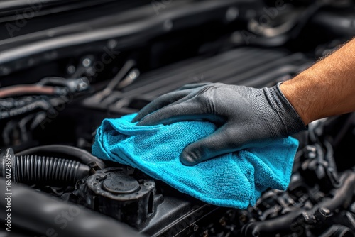 Close-up of a hand in black glove wiping a car engine with a light blue cloth