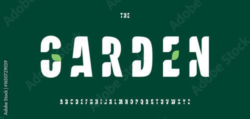 Organic eco garden logo font alphabet, tall bold leaf-detailed letters, farmer nature typescript style, spring headline, park poster typography, green environmental typographic design.Vector typeset.