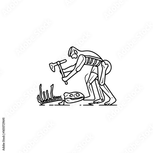 Ape man with hammer excavating dinosaur fossil skull and bones in black and white line art style