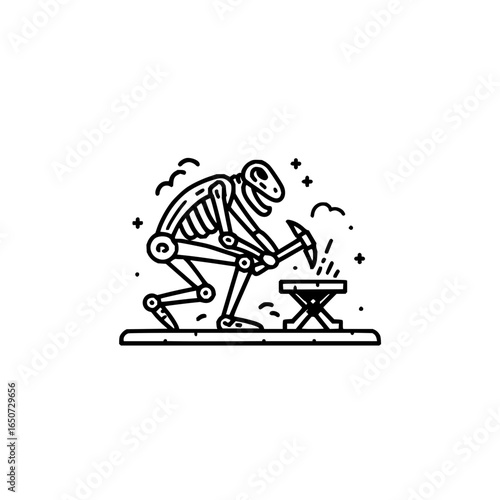 A skeleton hammering on a small anvil with some clouds and stars around the scene in black and white