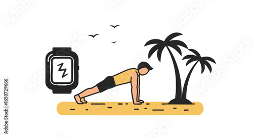 Man doing a plank exercise on a beach with a smartwatch and palm trees